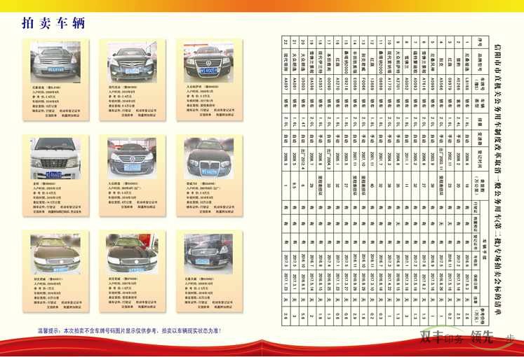 信陽市陽光拍賣有限公司公務車拍賣宣傳冊印刷